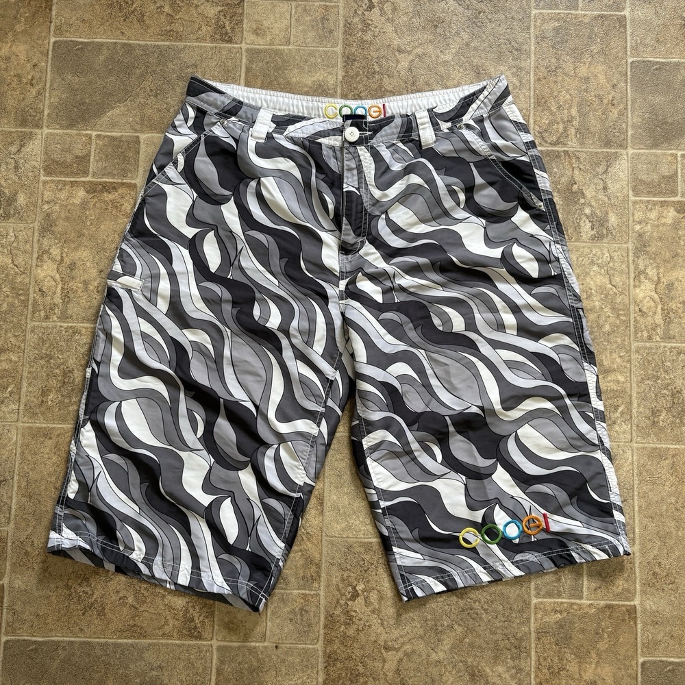 Y2K Coogi Swim Shorts Abstract Swirl Print Baggy Gray Black White W42 Vtg